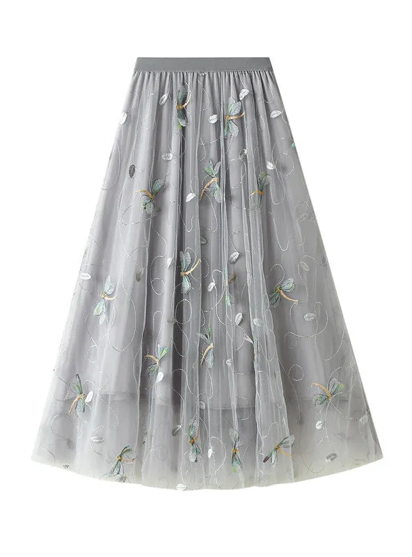 3D Embroidered Dragonflies Dotted Gauze Skirt