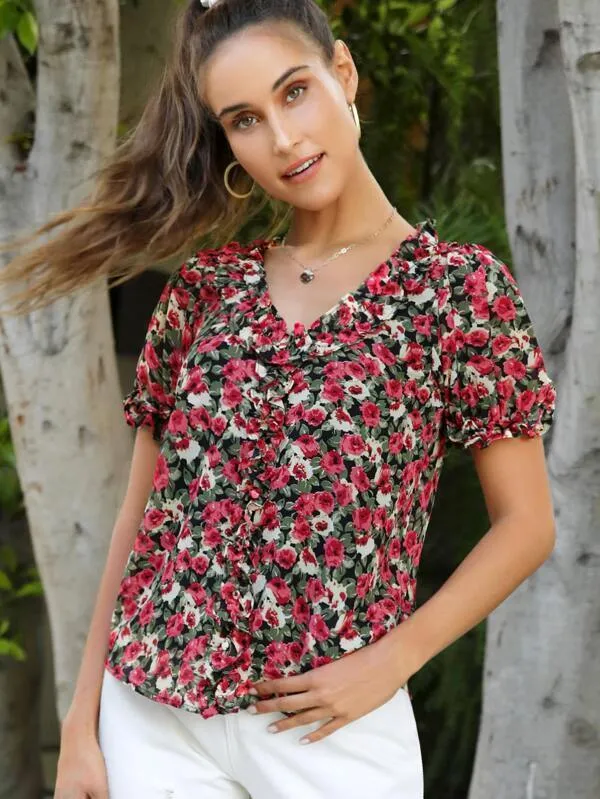 Allover Floral Print Ruffle Trim Top