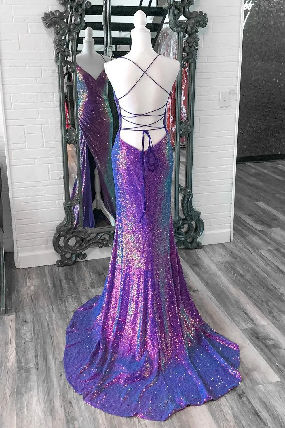 Anara | Purple Iridescent Sequins V Neck Lace-Up Mermaid Long Prom Dress with Slit