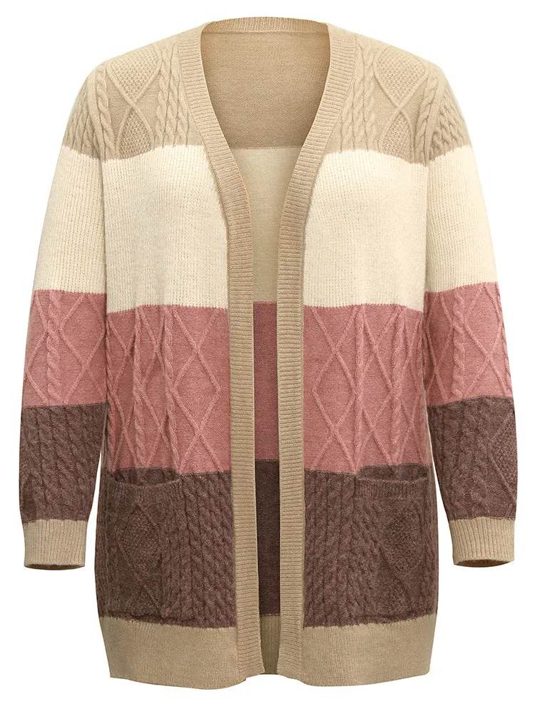 Anti-Pilling Cable Knit Colorblock Patched Pocket Cardigan