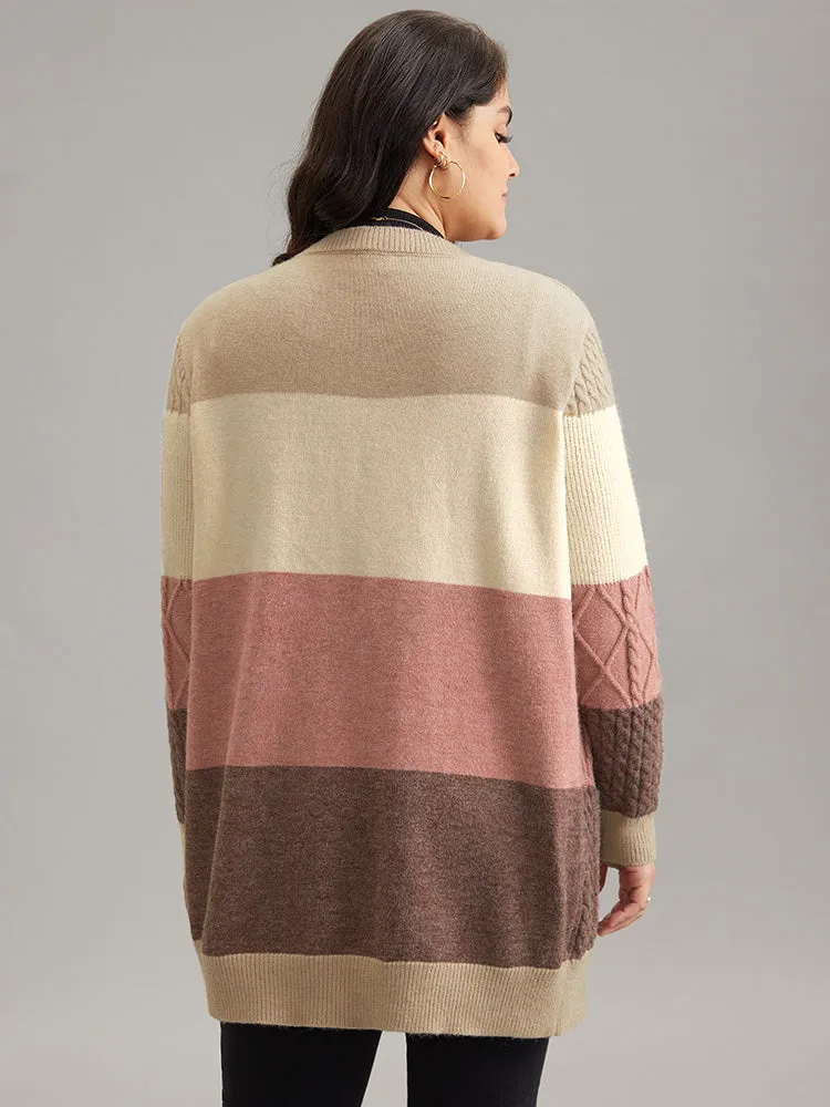 Anti-Pilling Cable Knit Colorblock Patched Pocket Cardigan