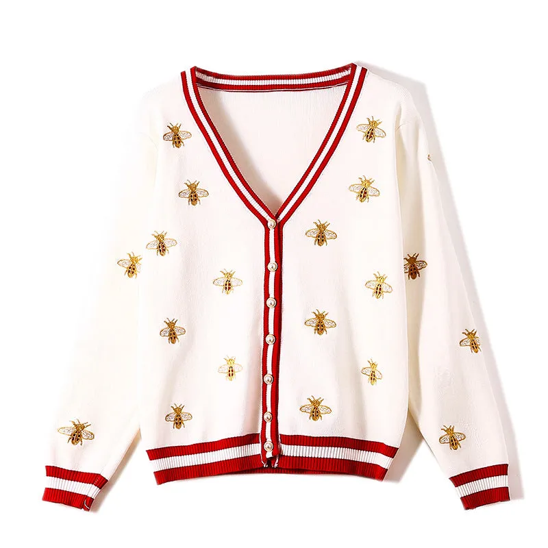 Bee Embroidery Cardigan Long Sleeve Button Knitted Sweaters