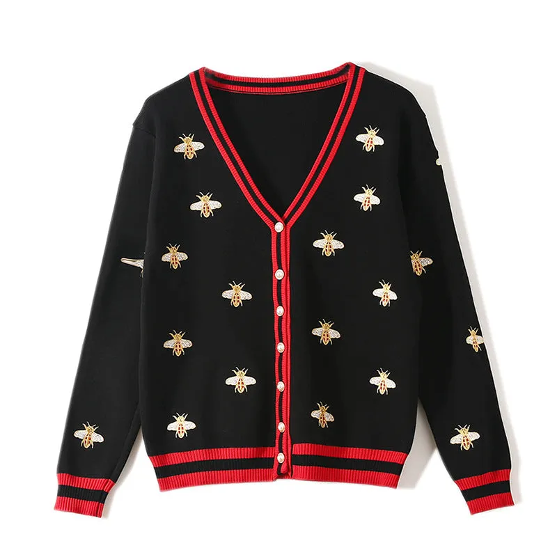 Bee Embroidery Cardigan Long Sleeve Button Knitted Sweaters