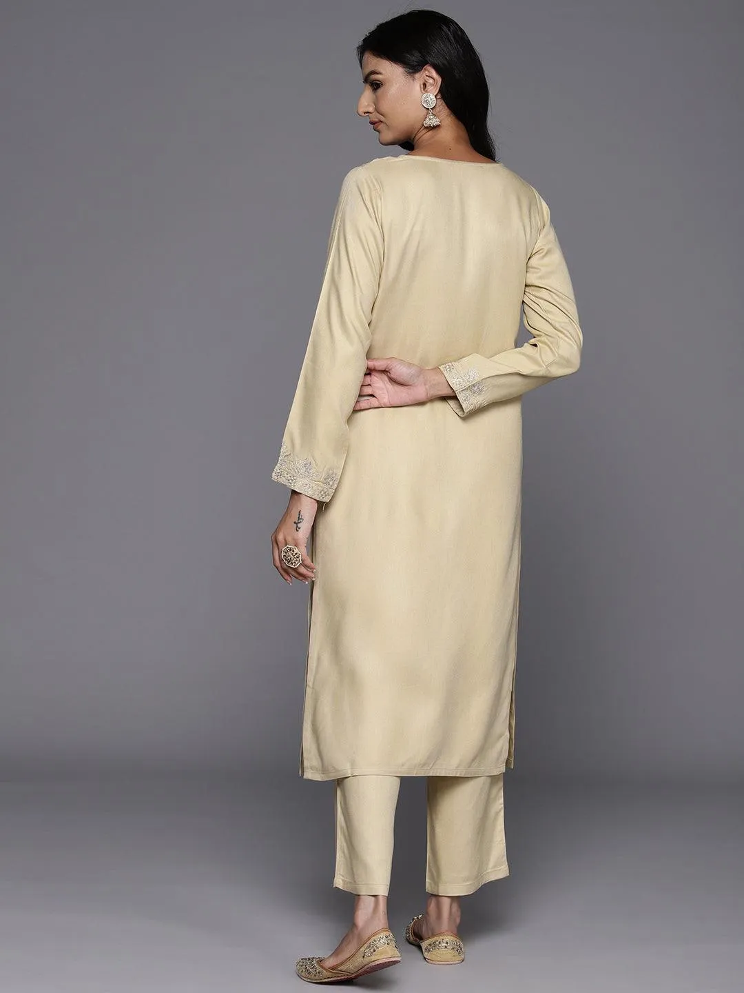 Beige Yoke Design Wool Blend Straight Kurta Set