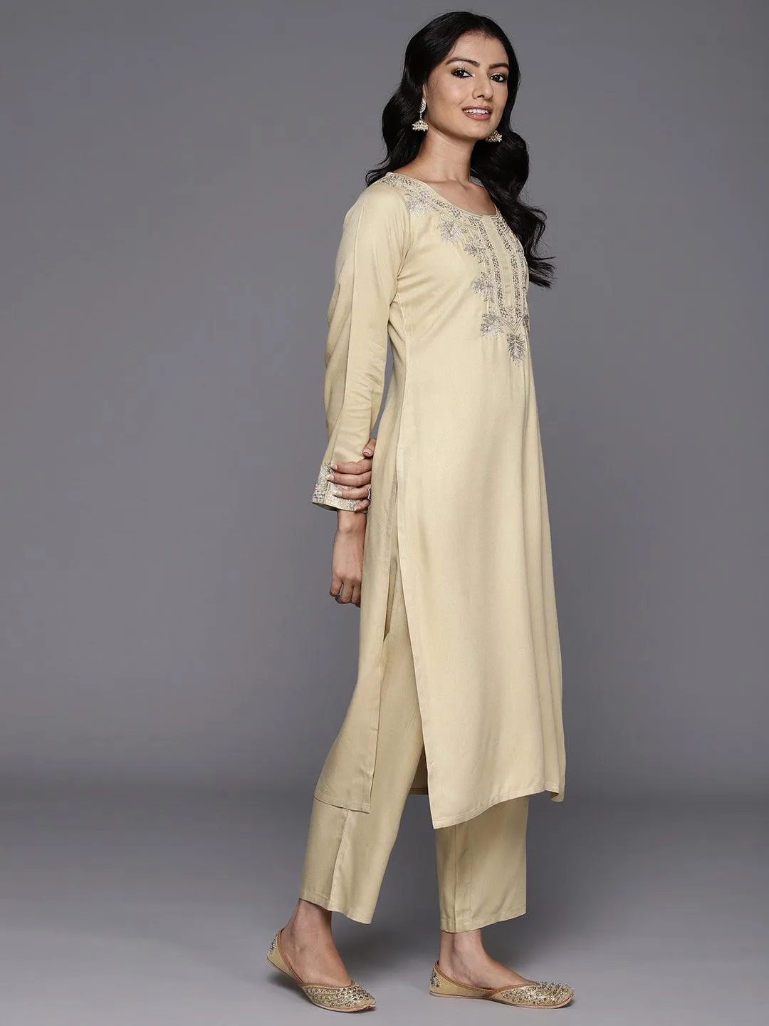 Beige Yoke Design Wool Blend Straight Kurta Set