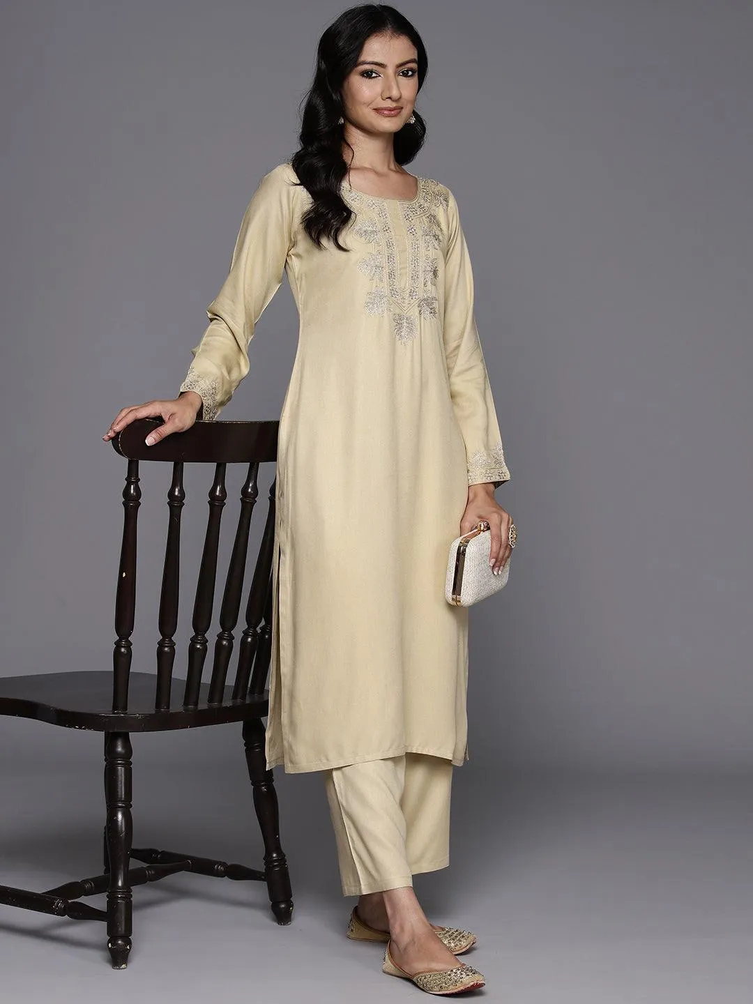 Beige Yoke Design Wool Blend Straight Kurta Set