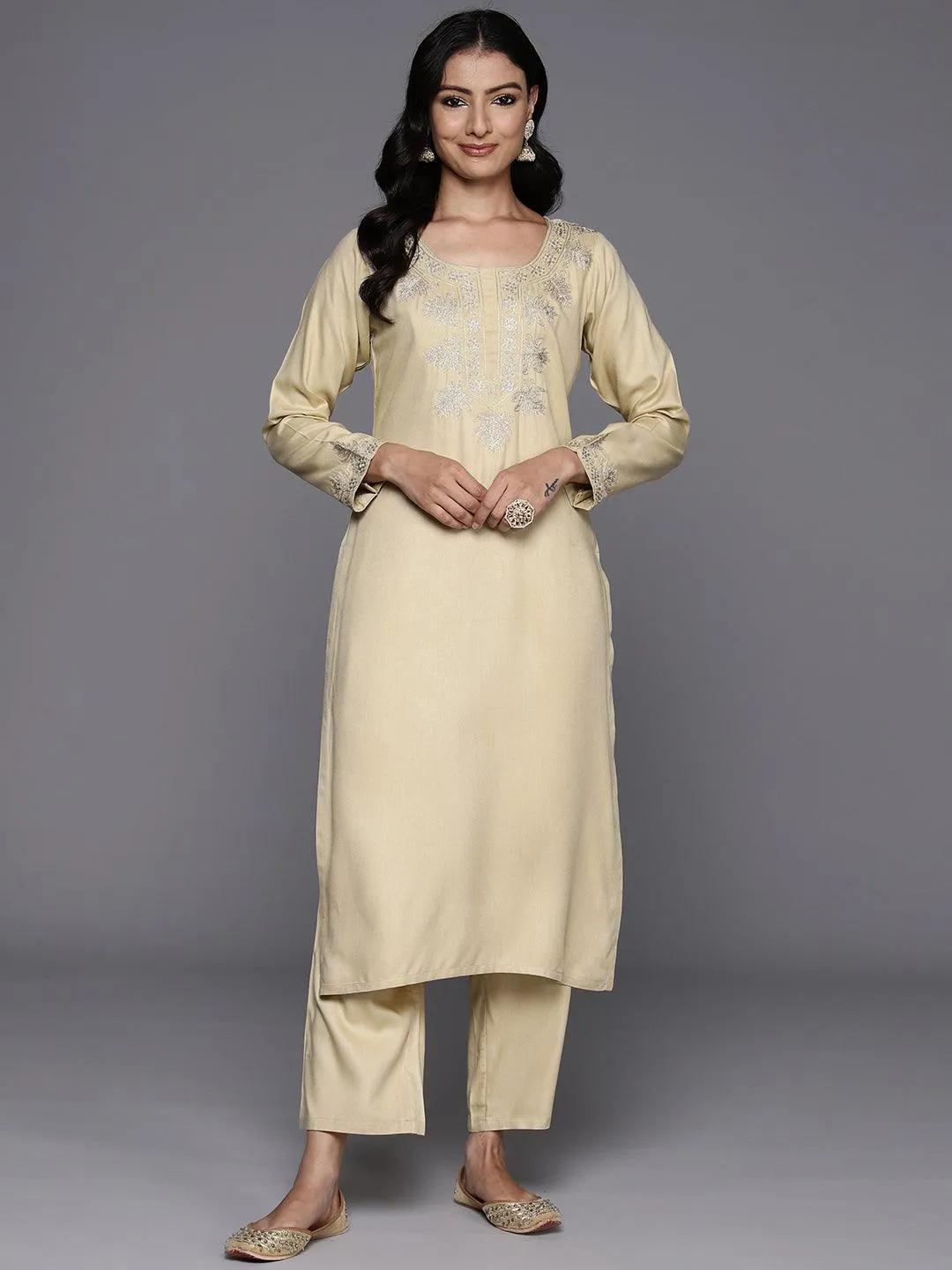 Beige Yoke Design Wool Blend Straight Kurta Set