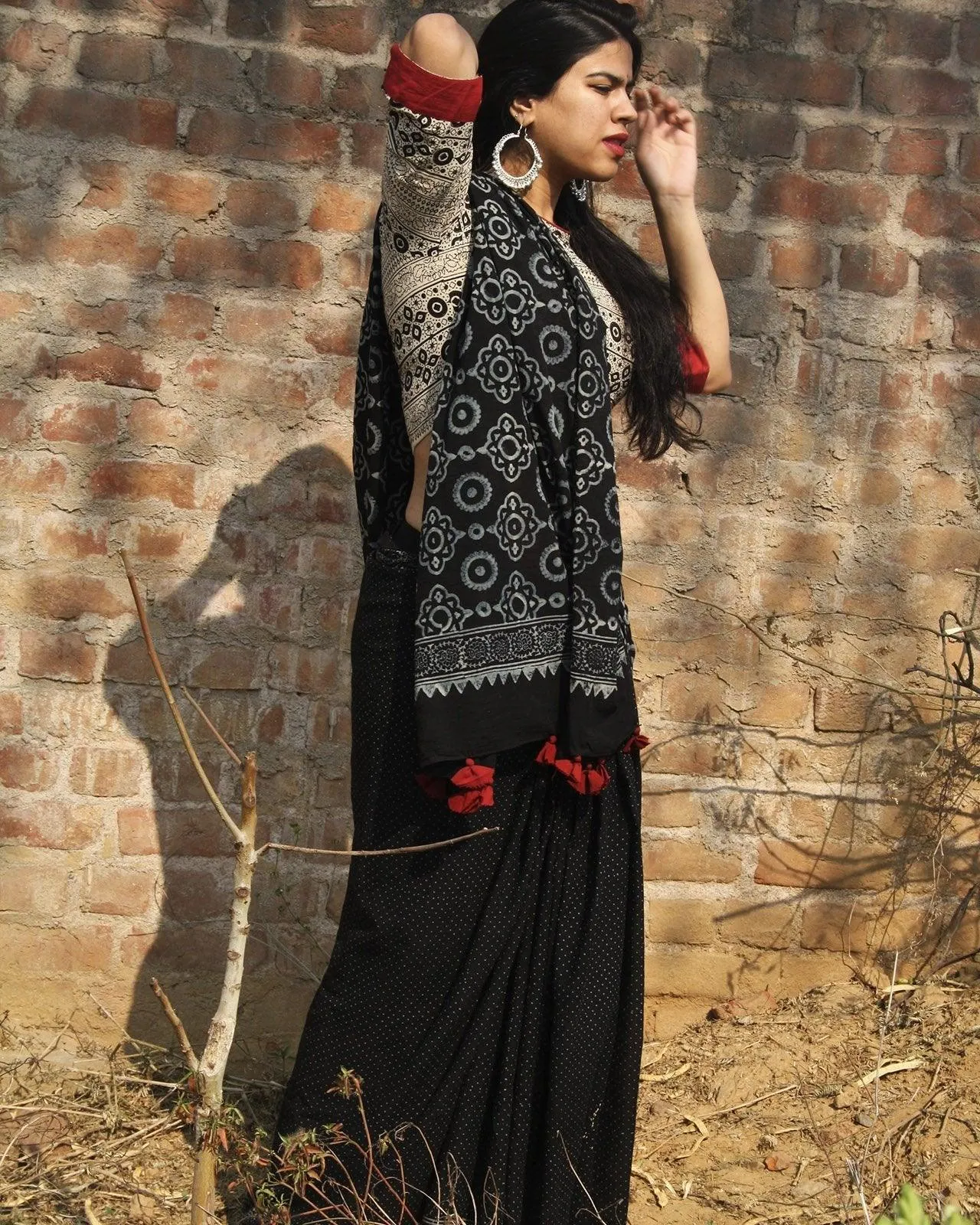 Black Block Printed Cotton Mul Saree