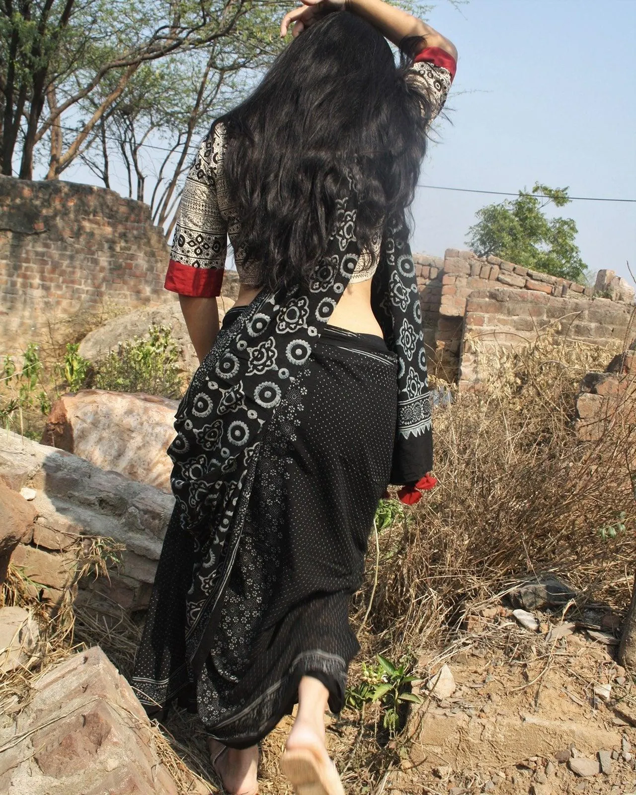 Black Block Printed Cotton Mul Saree