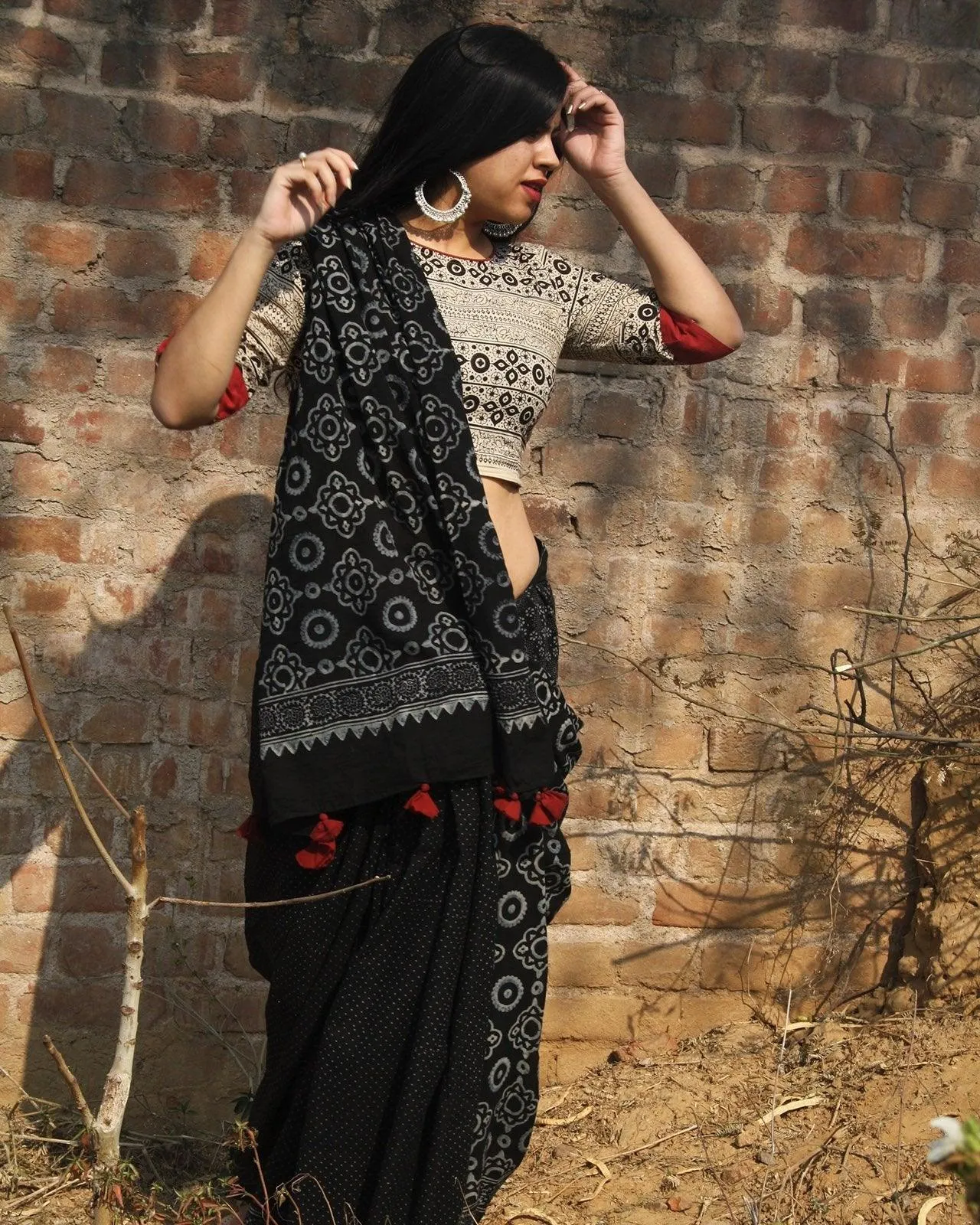 Black Block Printed Cotton Mul Saree