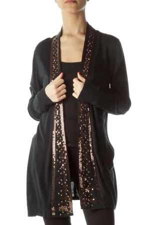 Black Brown Sequin Detail Open Long Sleeve Knit Cardigan