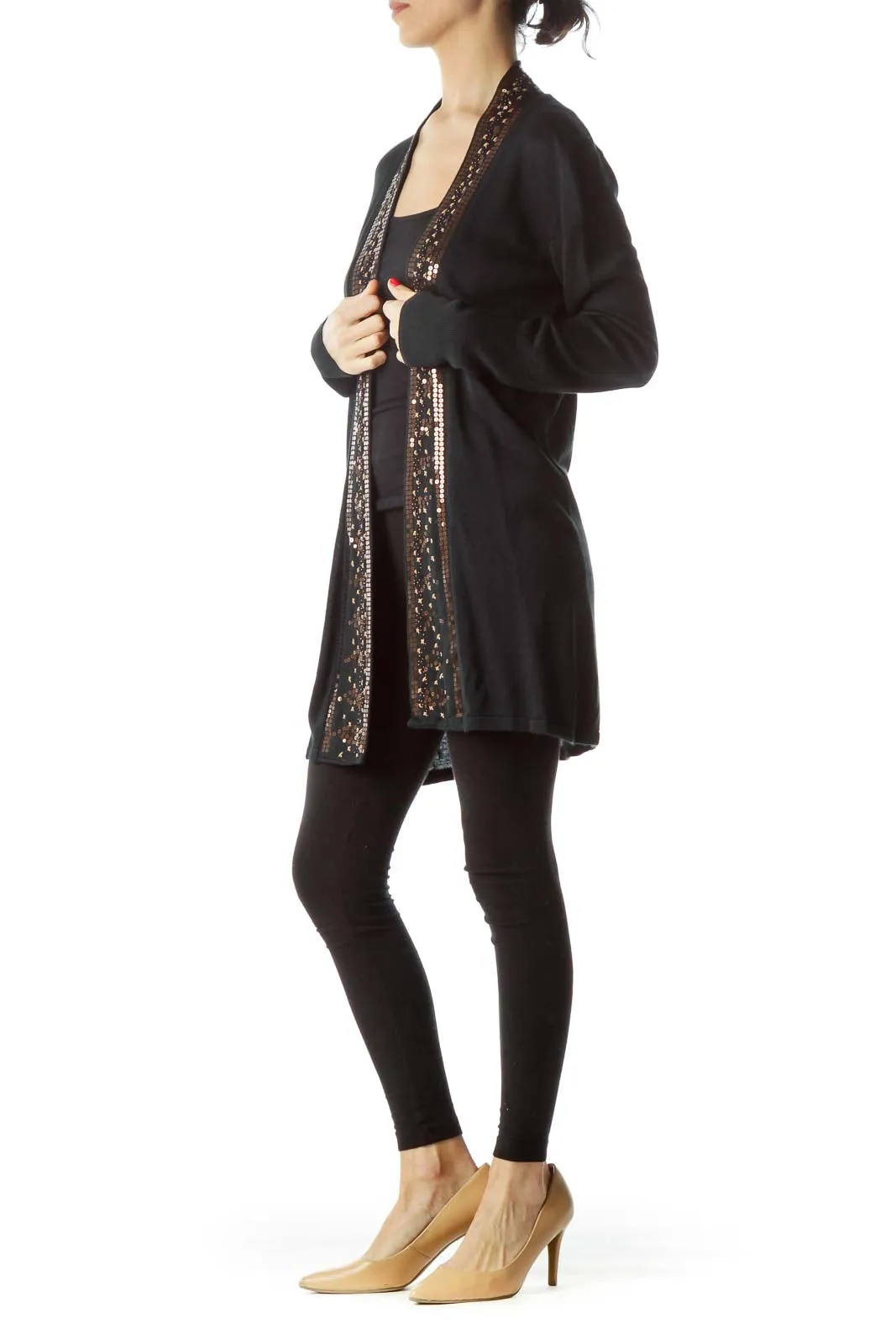 Black Brown Sequin Detail Open Long Sleeve Knit Cardigan