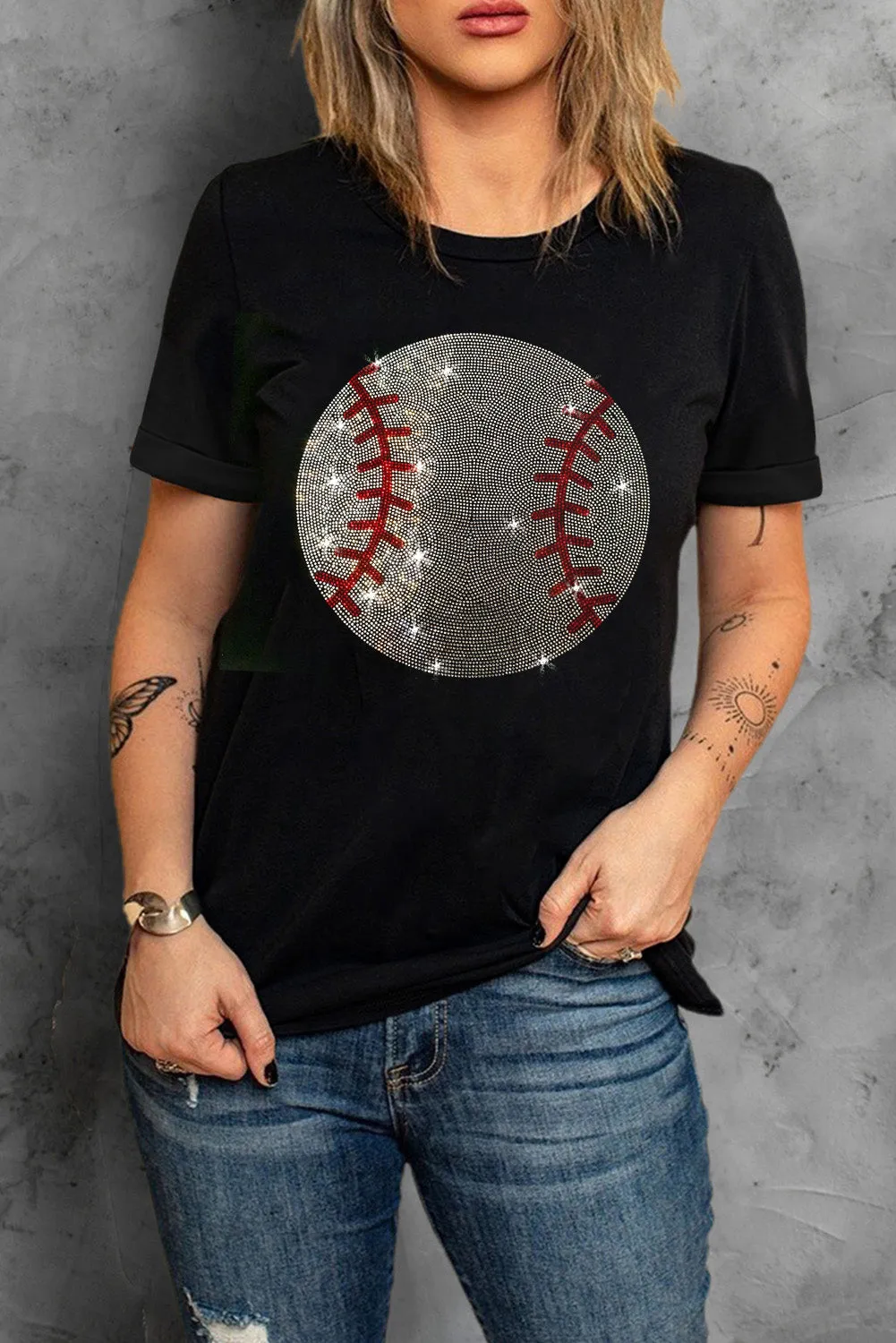 Black Rhinestone Baseball Pattern Round Neck T Shirt