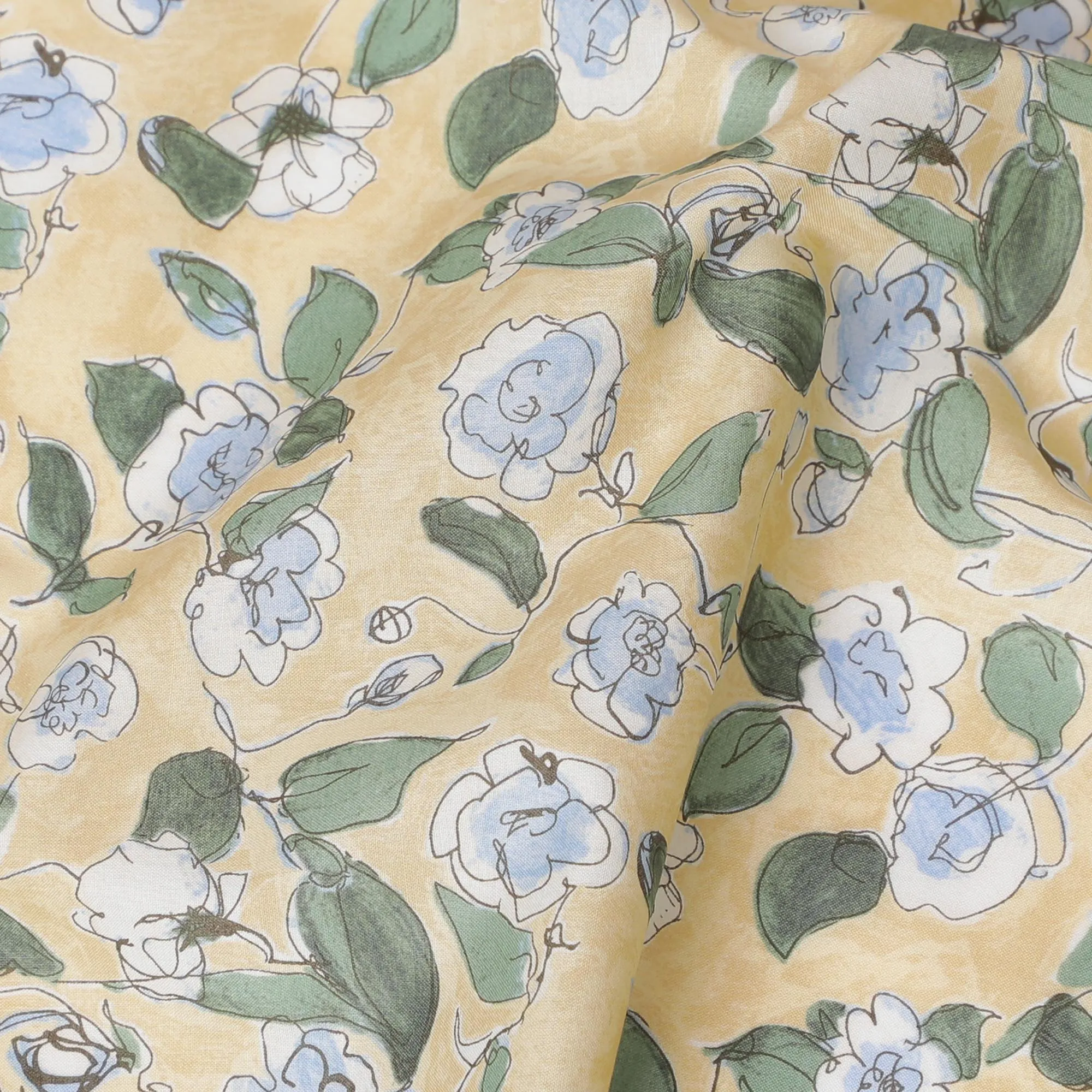 Charming Yellow Floral Cotton Lawn Fabric with Blue and White Blossoms, 110 cm Wide, Japanese Design-D19543