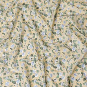 Charming Yellow Floral Cotton Lawn Fabric with Blue and White Blossoms, 110 cm Wide, Japanese Design-D19543