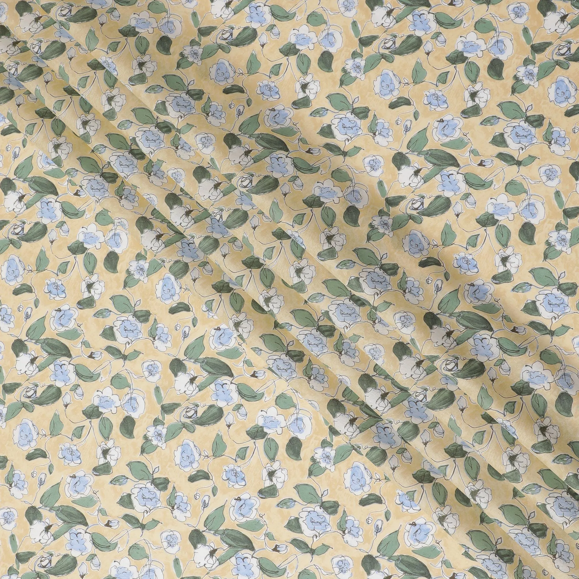 Charming Yellow Floral Cotton Lawn Fabric with Blue and White Blossoms, 110 cm Wide, Japanese Design-D19543