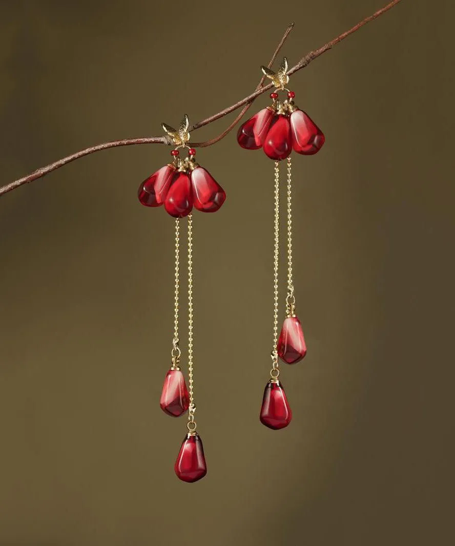 Chinese Style Red Copper Overgild Resin Glass Beads Tassel Drop Earrings QJ036