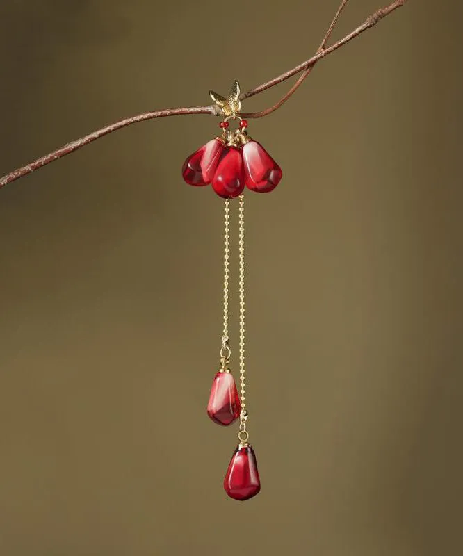 Chinese Style Red Copper Overgild Resin Glass Beads Tassel Drop Earrings QJ036