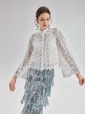 Classic Lace Embroidered Bell-Sleeve Top