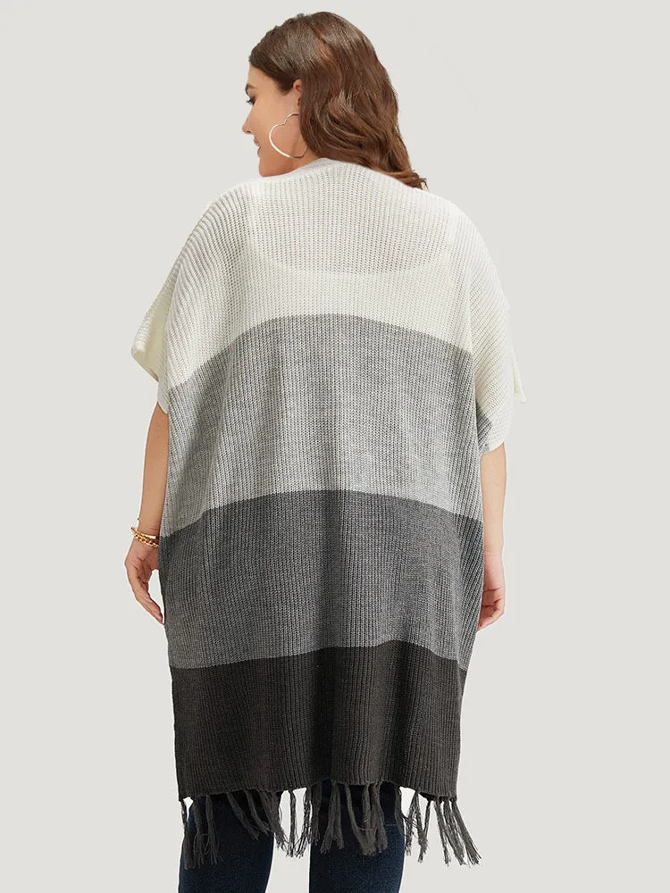 Colorblock Fringe Trim Batwing Sleeve Split Side Cardigan