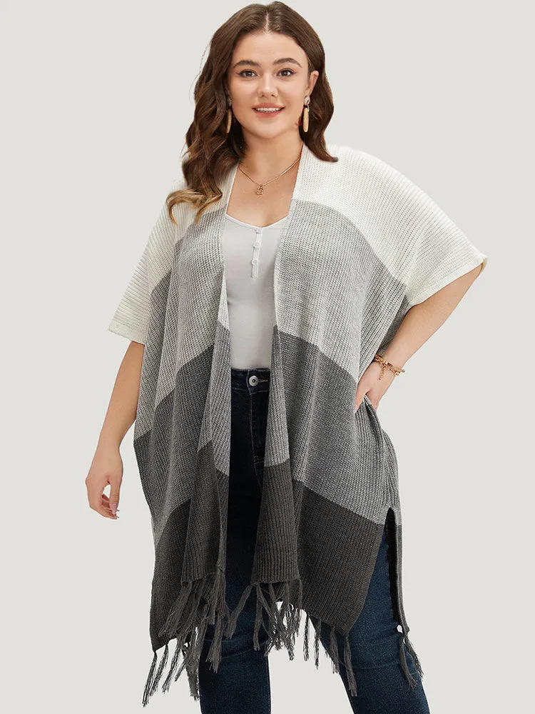 Colorblock Fringe Trim Batwing Sleeve Split Side Cardigan