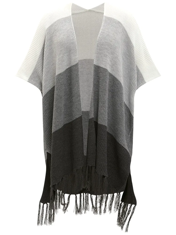 Colorblock Fringe Trim Batwing Sleeve Split Side Cardigan