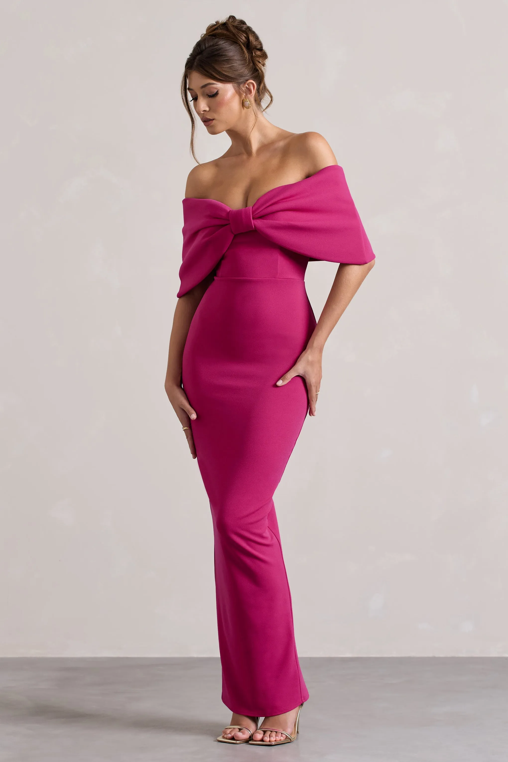 Cornelia | Hot Pink Strapless Maxi Dress With Oversized Bow