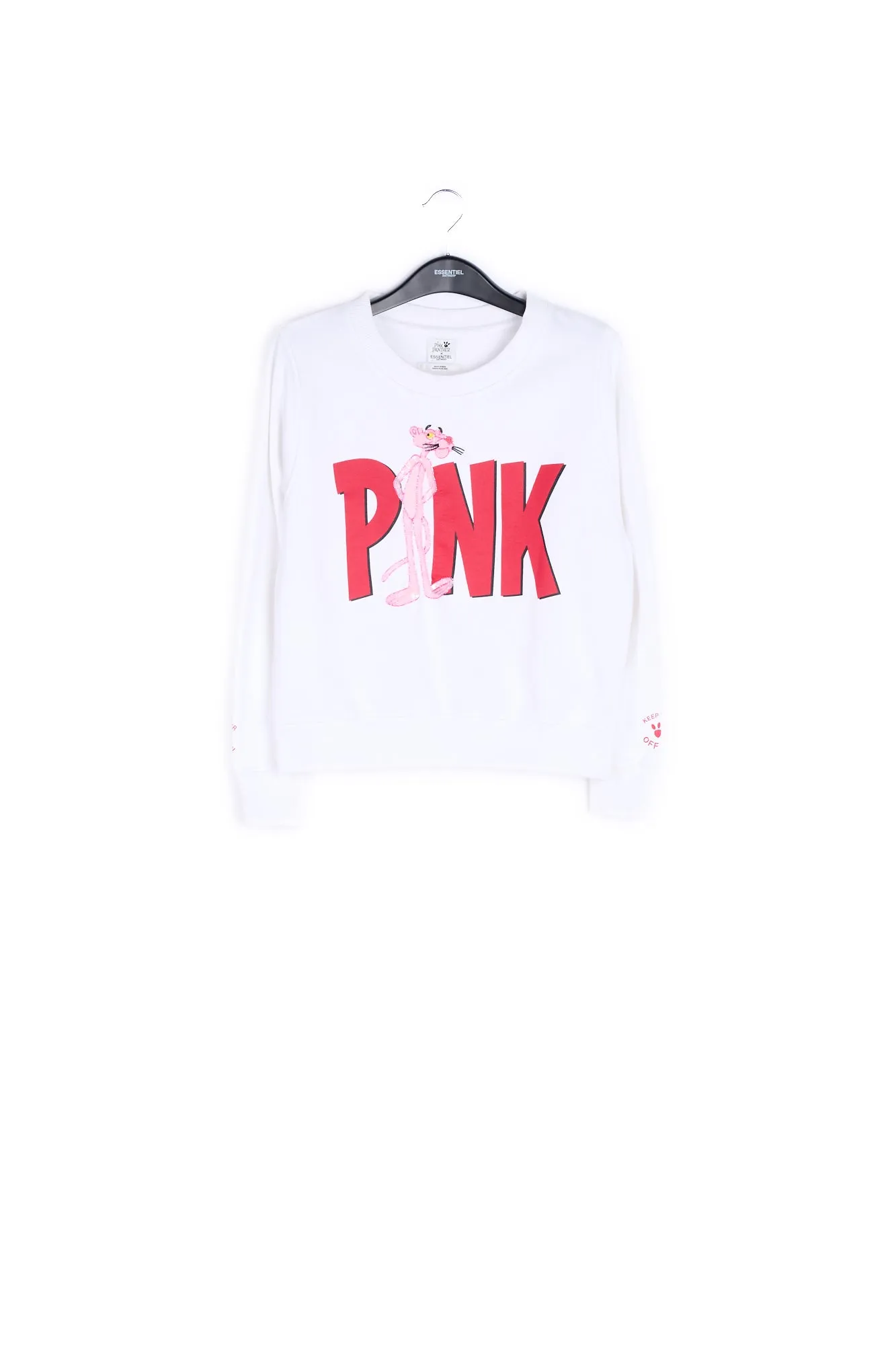 Cotton sweater in off-white with pink sequin panther