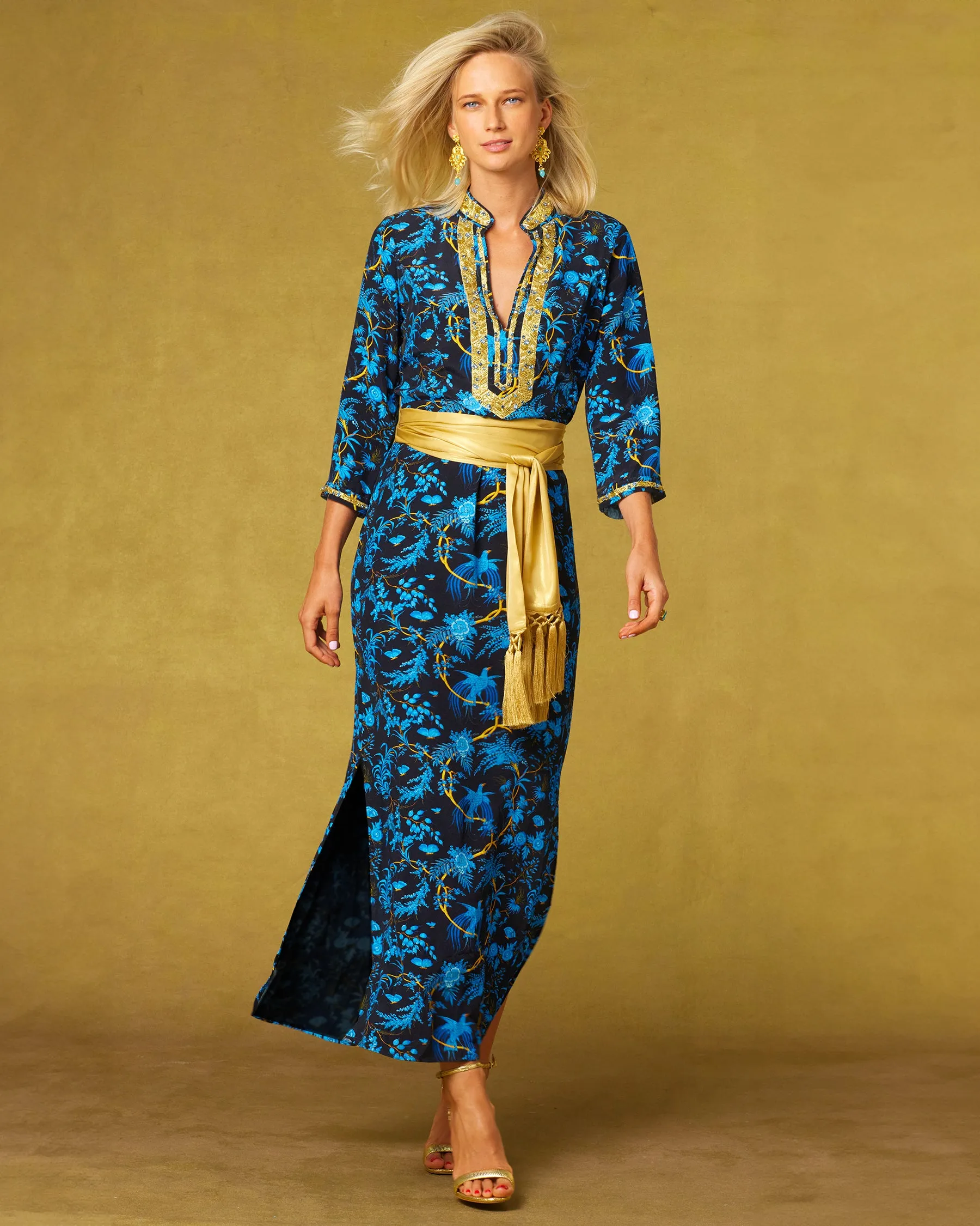 Darcy Long Tunic Dress in Midnight Garden and Gold Embellishment