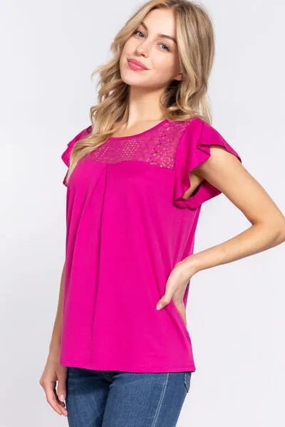 Explore More Collection - ACTIVE BASIC Ruffle Short Sleeve Lace Detail Knit Top