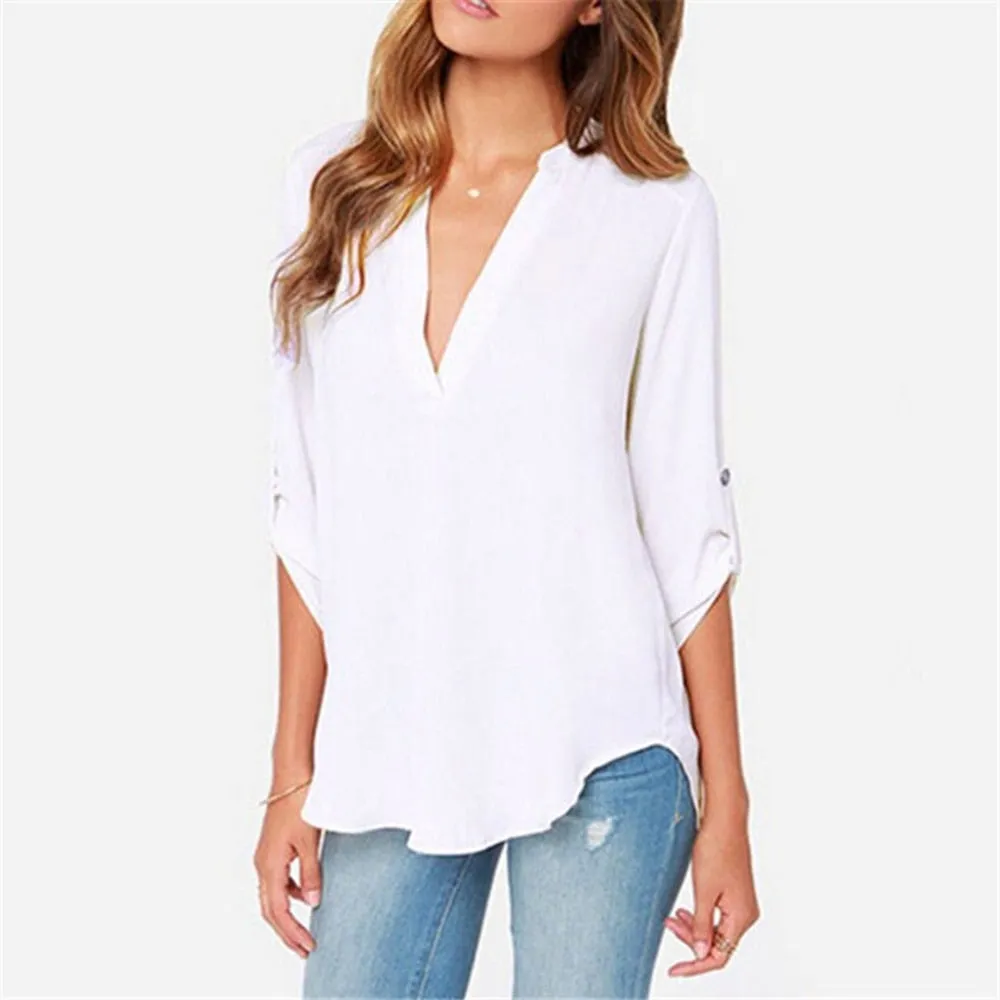 Fashionkova  Solid Casual Chiffon Blouses Women V Neck Long Sleeve Button Womens Tops And Blouses 2022 Elegant Plus Size 5XL White Shirt