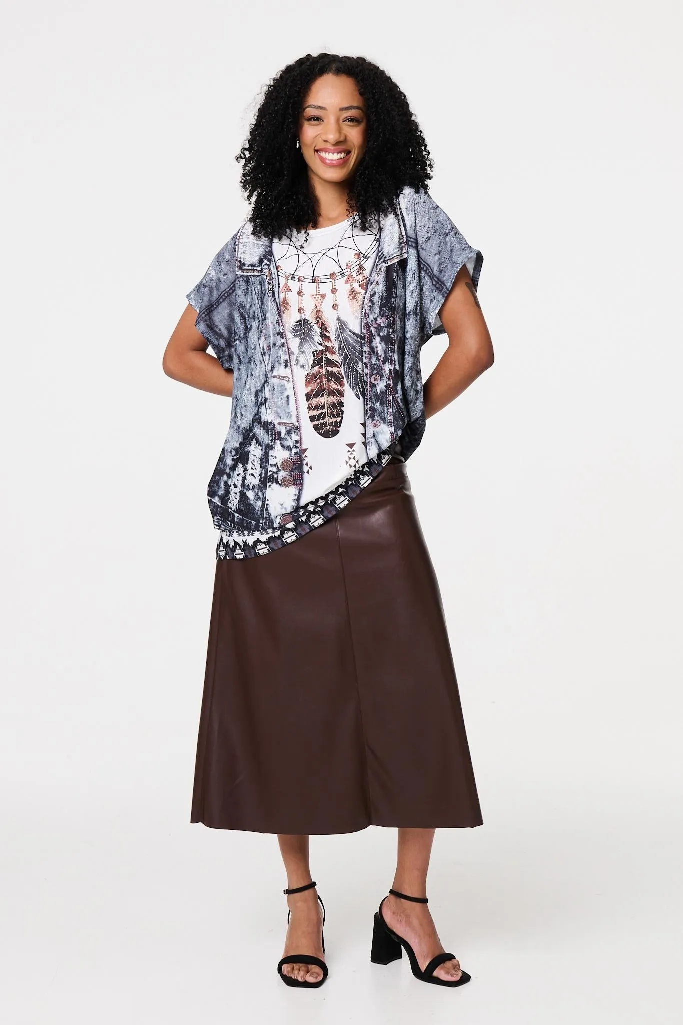 Feather Print Relaxed Short Sleeve Tunic