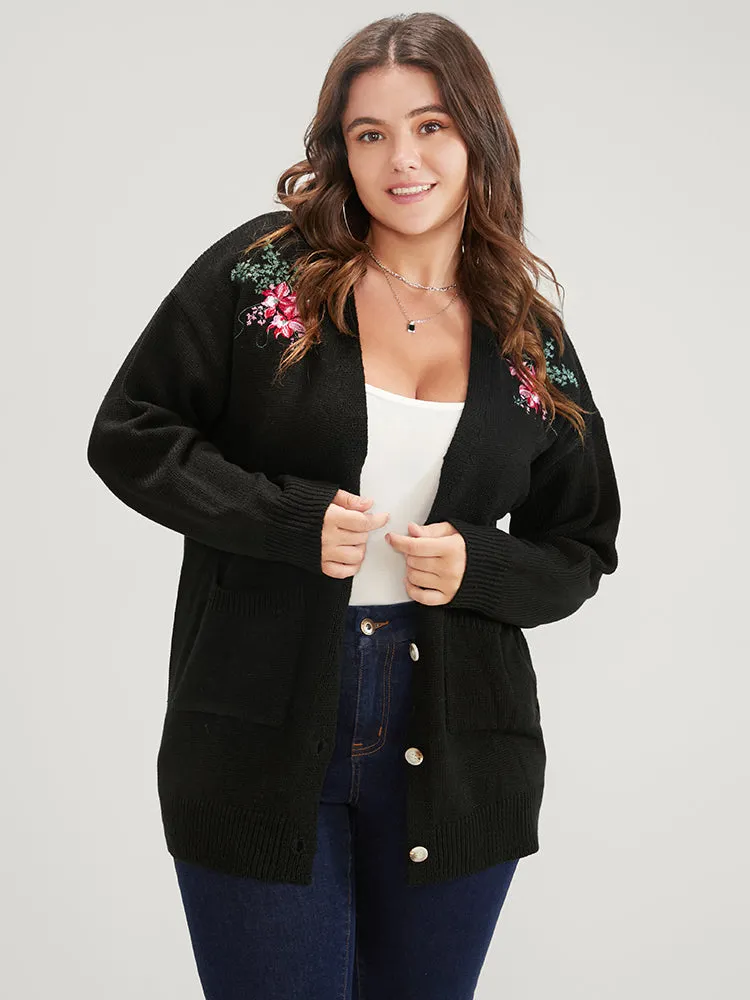 Floral Embroidered Pointelle Knit Pocket Button Front Cardigan