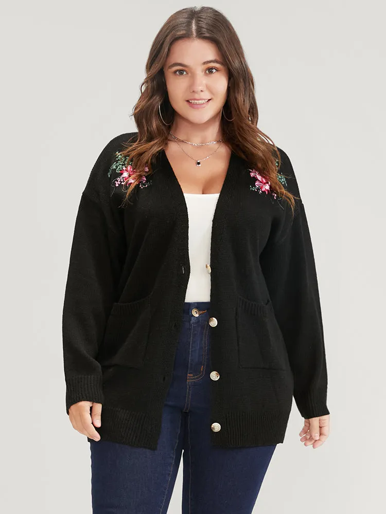 Floral Embroidered Pointelle Knit Pocket Button Front Cardigan