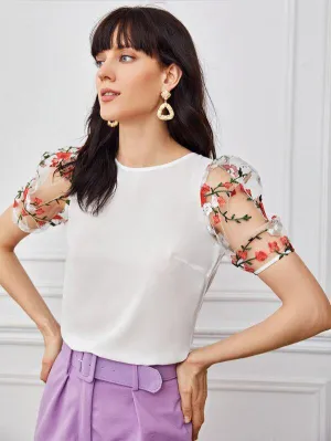 Floral Embroidery Mesh Puff Sleeve Top