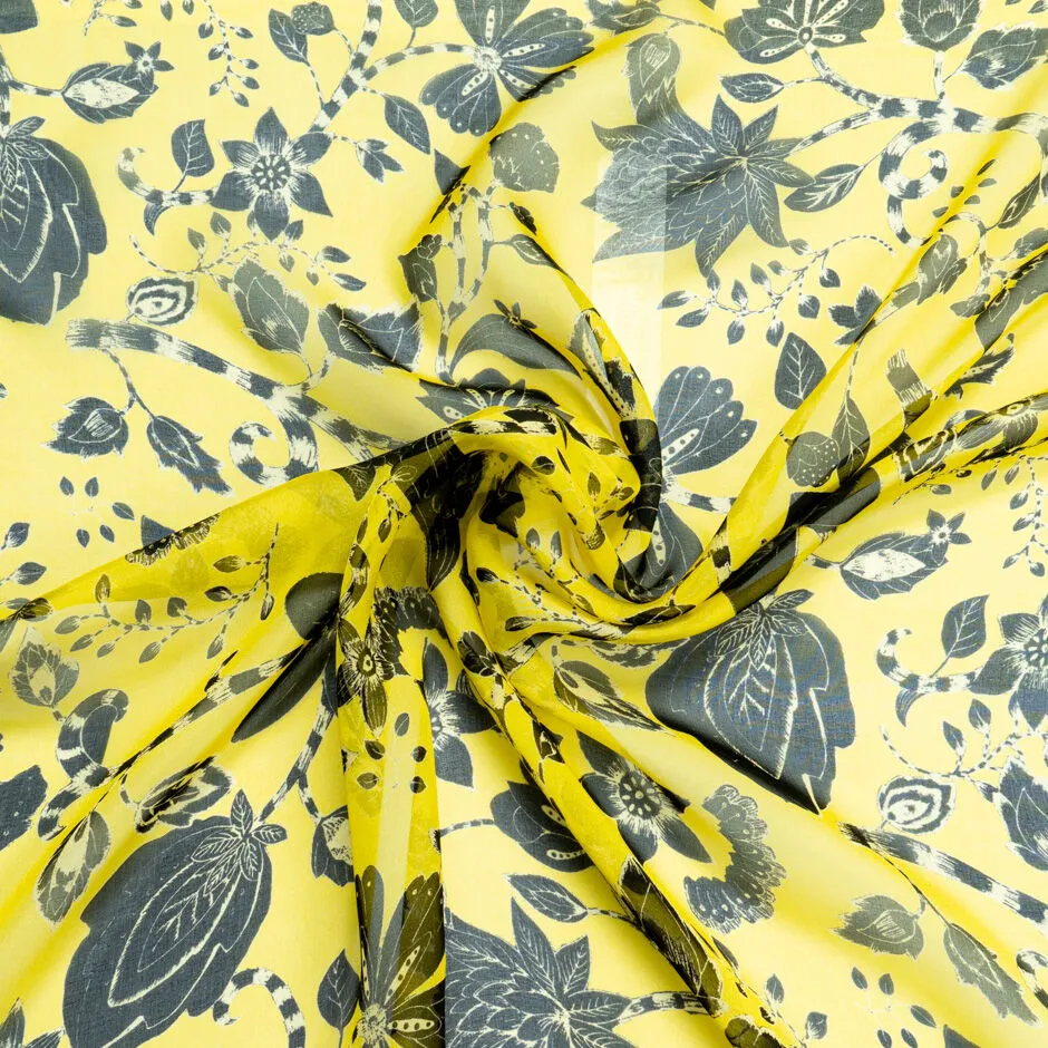 Floral Printed Rich Yellow Pure Silk Georgette