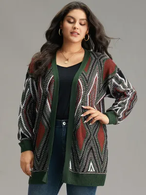 Geometric Contrast Open Front Cardigan