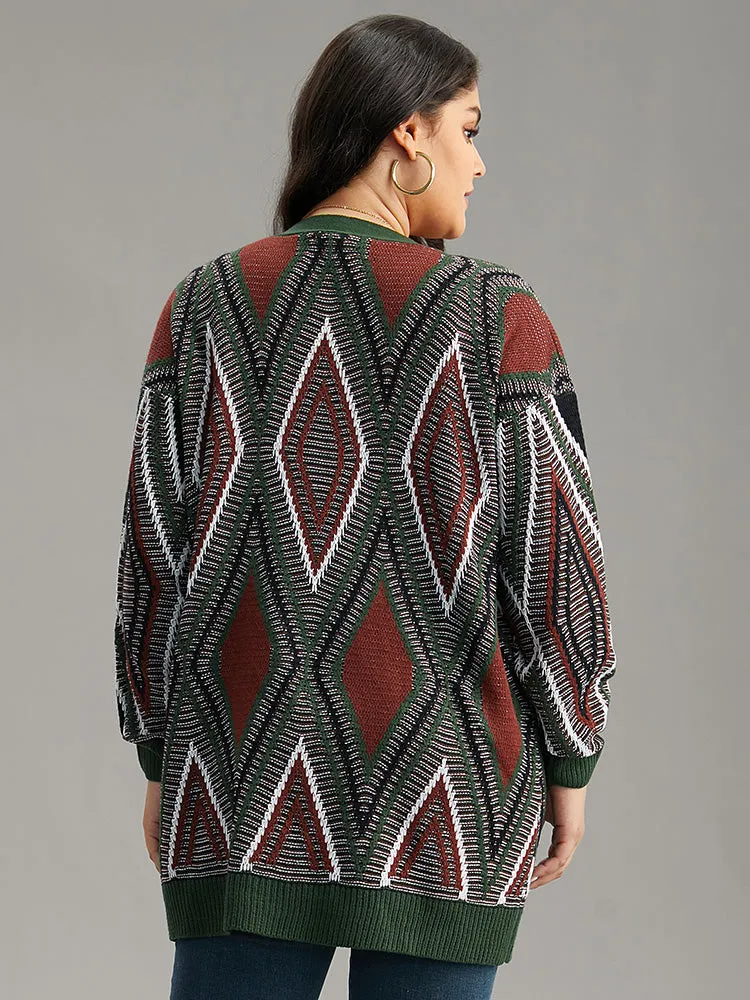 Geometric Contrast Open Front Cardigan