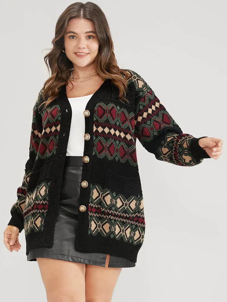 Geometric Contrast Pointelle Knit Pocket Jacquard Button Front Cardigan