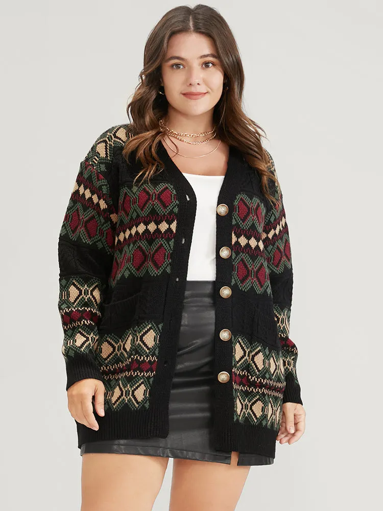 Geometric Contrast Pointelle Knit Pocket Jacquard Button Front Cardigan