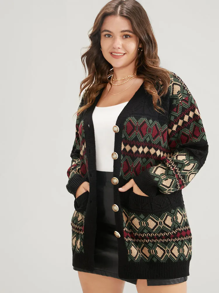 Geometric Contrast Pointelle Knit Pocket Jacquard Button Front Cardigan