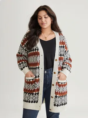 Geometric Jacquard Pocket Button Up Cardigan