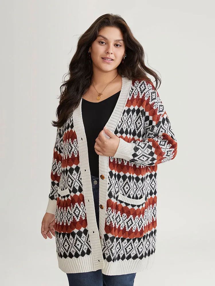 Geometric Jacquard Pocket Button Up Cardigan