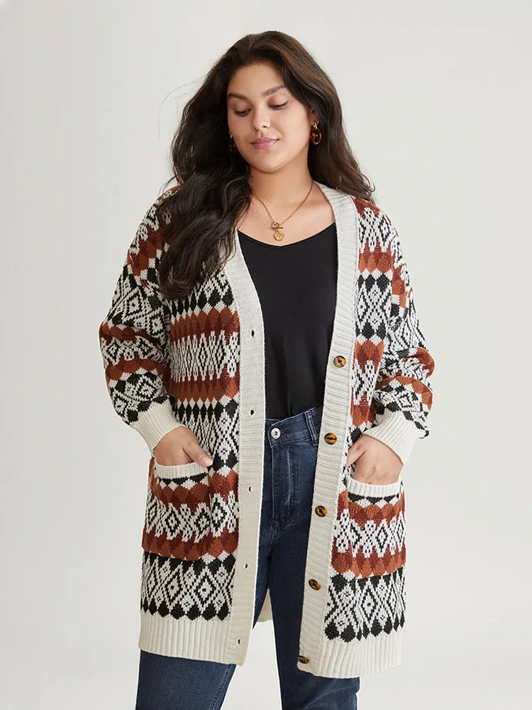 Geometric Jacquard Pocket Button Up Cardigan