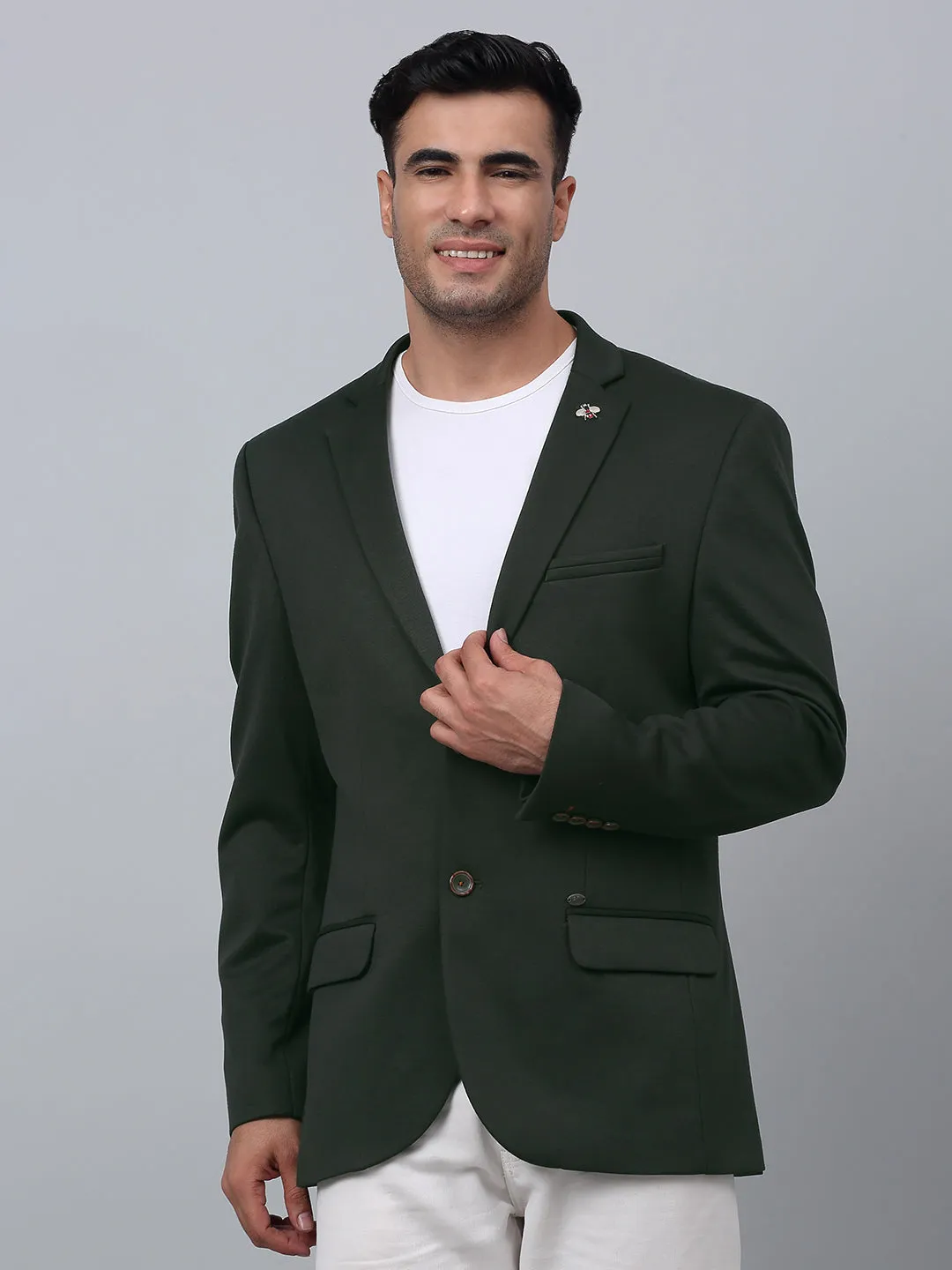 Green Solid Full Sleeves Casual Blazer For Men