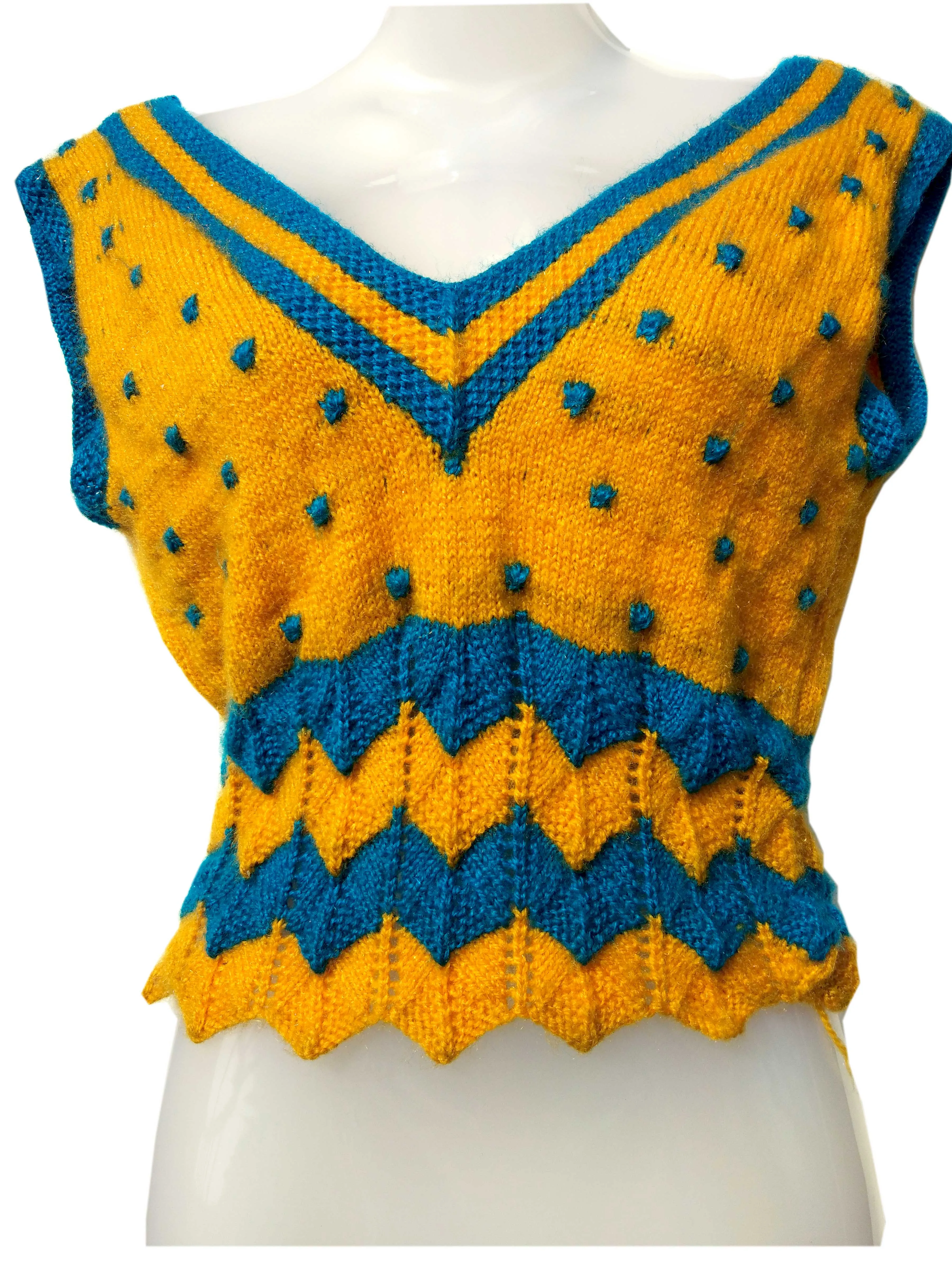 Handmade Woolen Graminarts Elegant Self Design V-Neck Blouse For Women - Yellow & Sky Blue