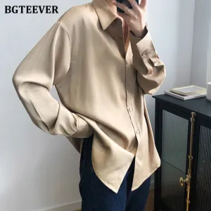 Joskaa BBTEEVER 2020 New Chic Women Satin Shirts Long Sleeve Solid Turn Down Collar Elegant Office Ladies Workwear Blouses Female