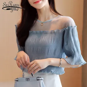 Joskaa Christmas Gift Women Blouses Summer Blusas Mujer De Moda 2024 Chiffon Shirt Short Sleeve Korean Solid Mesh Top Fashion Elegant Clothes 8981 50