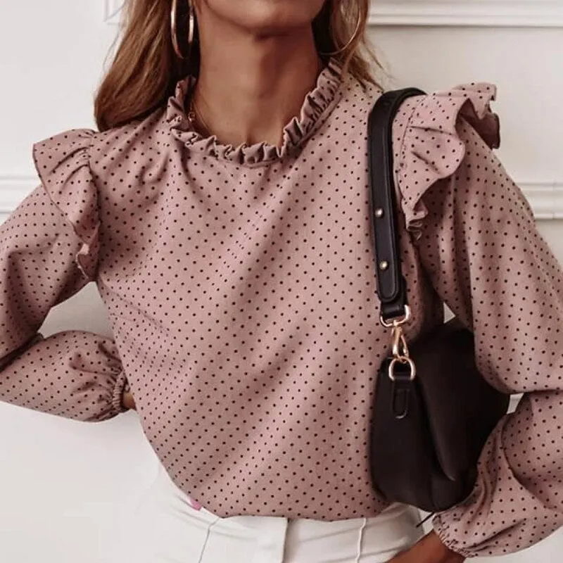 Joskaa Ladies Polka Dot Print Ruffle Blouse Shirt 2020 Autumn Winter Long Sleeve V-Neck Shirts Tops Elegant Office Women Button Blusas