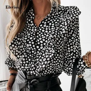 Joskaa Ladies Polka Dot Print Ruffle Blouse Shirt 2020 Autumn Winter Long Sleeve V-Neck Shirts Tops Elegant Office Women Button Blusas